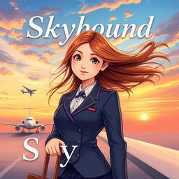 A book cover design titled 'Skybound', featuring a confident girl in an elegant flight attendant uniform standing on a rooftop or runway, holding a suitcase