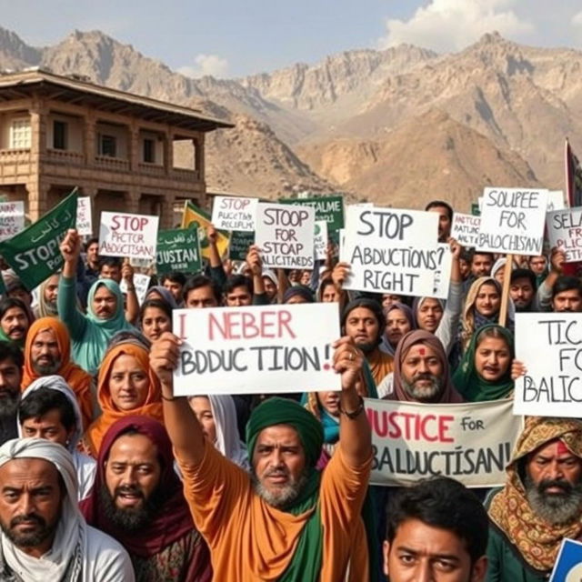 A powerful scene depicting a protest in Balochistan, with a diverse crowd holding up signs demanding justice and rights for the abducted individuals