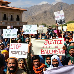 A powerful scene depicting a protest in Balochistan, with a diverse crowd holding up signs demanding justice and rights for the abducted individuals