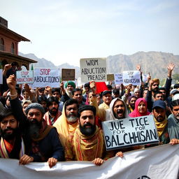 A powerful scene depicting a protest in Balochistan, with a diverse crowd holding up signs demanding justice and rights for the abducted individuals