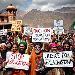 A powerful scene depicting a protest in Balochistan, with a diverse crowd holding up signs demanding justice and rights for the abducted individuals