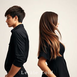 A book cover design featuring a girl and a boy standing back to back, turning their heads to look in different directions