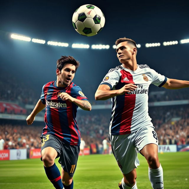 A dynamic action shot featuring Lionel Messi and Cristiano Ronaldo in a heated soccer match, both players are intensely focused, wearing their respective team jerseys