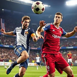 A dynamic action shot featuring Lionel Messi and Cristiano Ronaldo in a heated soccer match, both players are intensely focused, wearing their respective team jerseys