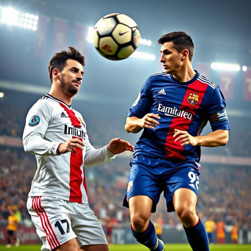 A dynamic action shot featuring Lionel Messi and Cristiano Ronaldo in a heated soccer match, both players are intensely focused, wearing their respective team jerseys