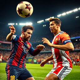 A dynamic action shot featuring Lionel Messi and Cristiano Ronaldo in a heated soccer match, both players are intensely focused, wearing their respective team jerseys