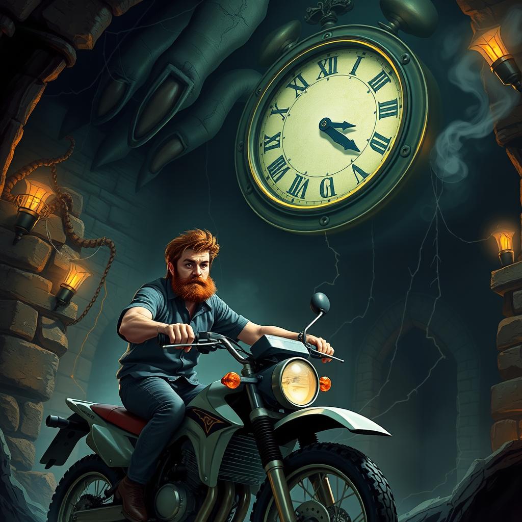 A dramatic scene titled 'Pedro & the Crontab Countdown', featuring a brunette bearded man escaping from a horrifying human-monster-clock in a dark, eerie dungeon