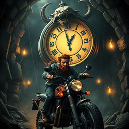 A dramatic scene titled 'Pedro & the Crontab Countdown', featuring a brunette bearded man escaping from a horrifying human-monster-clock in a dark, eerie dungeon