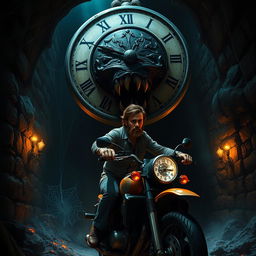 A dramatic scene titled 'Pedro & the Crontab Countdown', featuring a brunette bearded man escaping from a horrifying human-monster-clock in a dark, eerie dungeon