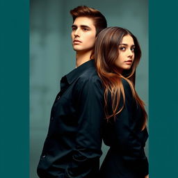 A realistic book cover design featuring a handsome boy and a beautiful girl standing back to back, each looking in different directions