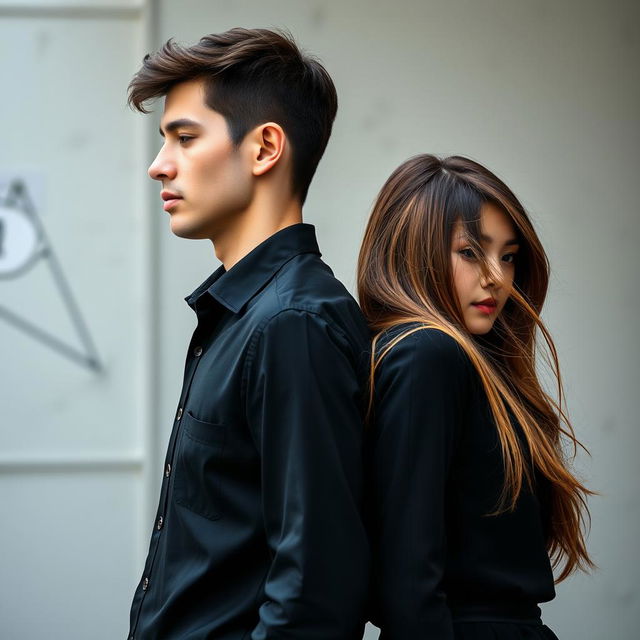 A realistic book cover design featuring a handsome boy and a beautiful girl standing back to back, each looking in different directions