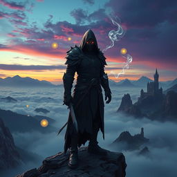 A dark and mysterious fantasy landscape featuring a shadowy figure named Korosh, adorned in intricate and ancient armor
