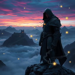 A dark and mysterious fantasy landscape featuring a shadowy figure named Korosh, adorned in intricate and ancient armor