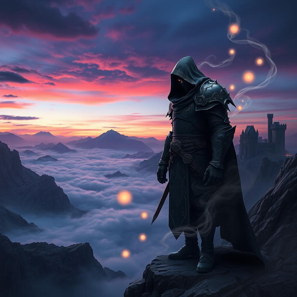 A dark and mysterious fantasy landscape featuring a shadowy figure named Korosh, adorned in intricate and ancient armor