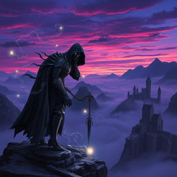 A dark and mysterious fantasy landscape featuring a shadowy figure named Korosh, adorned in intricate and ancient armor