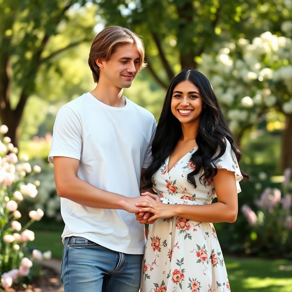 A romantic couple standing together in a sunlit park, capturing a joyful moment