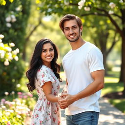 A romantic couple standing together in a sunlit park, capturing a joyful moment