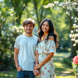 A romantic couple standing together in a sunlit park, capturing a joyful moment