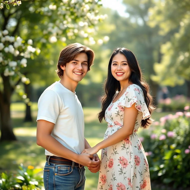 A romantic couple standing together in a sunlit park, capturing a joyful moment