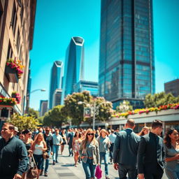 A stunning high-resolution photograph capturing the essence of urban life, featuring a busy street scene in a modern city