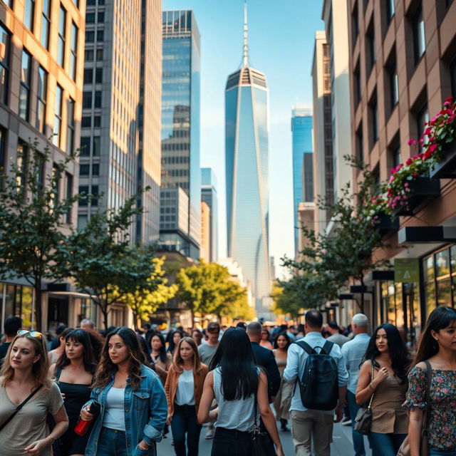 A stunning high-resolution photograph capturing the essence of urban life, featuring a busy street scene in a modern city