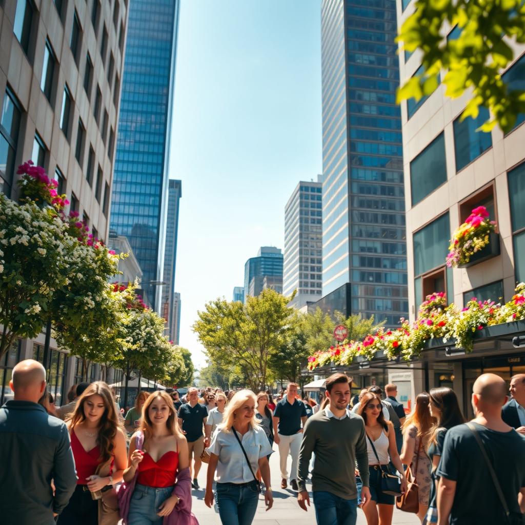 A stunning high-resolution photograph capturing the essence of urban life, featuring a busy street scene in a modern city