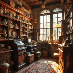 An interior scene of a quaint antique shop filled with a diverse array of vintage items