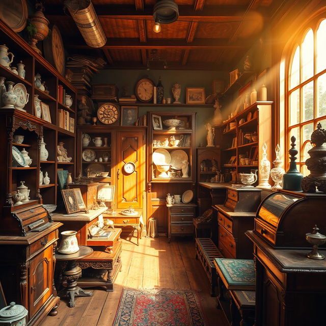 An interior scene of a quaint antique shop filled with a diverse array of vintage items