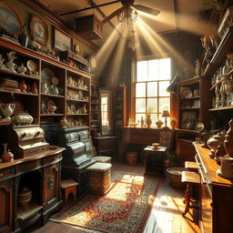 An interior scene of a quaint antique shop filled with a diverse array of vintage items