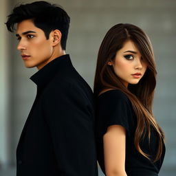 A vertical image featuring a realistic girl and a boy standing back to back, each looking in different directions, filling nearly all the space