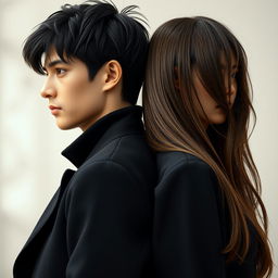 A vertical image featuring a realistic girl and a boy standing back to back, each looking in different directions, filling nearly all the space