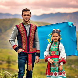 A handsome ethereal man standing proudly with the flag of Kazakhstan, showcasing his striking features and a confident demeanor