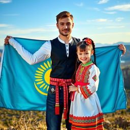 A handsome ethereal man standing proudly with the flag of Kazakhstan, showcasing his striking features and a confident demeanor