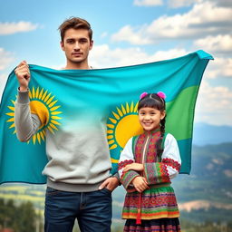 A handsome ethereal man standing proudly with the flag of Kazakhstan, showcasing his striking features and a confident demeanor