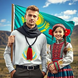 A handsome ethereal man standing proudly with the flag of Kazakhstan, showcasing his striking features and a confident demeanor