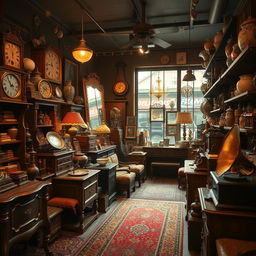 an antique shop filled with an array of vintage items, including ornate furniture, classic clocks, old books, decorative pottery, and an antique gramophone