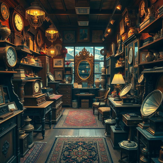 an antique shop filled with an array of vintage items, including ornate furniture, classic clocks, old books, decorative pottery, and an antique gramophone