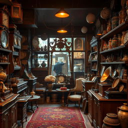 an antique shop filled with an array of vintage items, including ornate furniture, classic clocks, old books, decorative pottery, and an antique gramophone