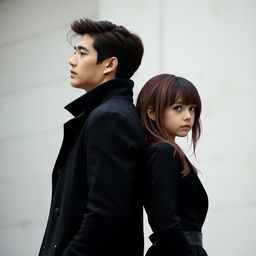 A vertical image showcasing a realistic girl and a boy standing back to back, each gazing in different directions, occupying nearly the entire frame