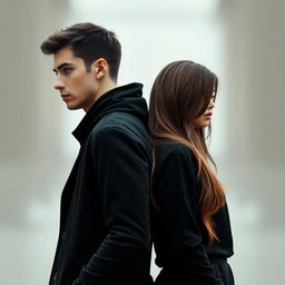 A vertical image showcasing a realistic girl and a boy standing back to back, each gazing in different directions, occupying nearly the entire frame