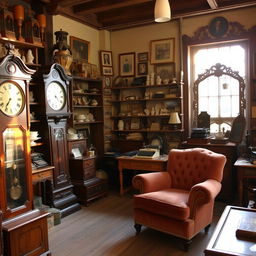 A charming antique shop filled with vintage treasures, showcasing objects like old wooden furniture, porcelain figurines, and classic typewriters