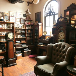 A charming antique shop filled with vintage treasures, showcasing objects like old wooden furniture, porcelain figurines, and classic typewriters