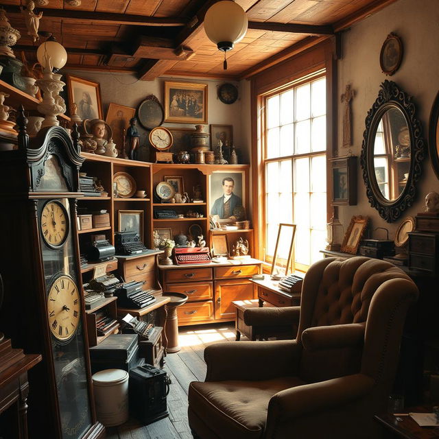 A charming antique shop filled with vintage treasures, showcasing objects like old wooden furniture, porcelain figurines, and classic typewriters