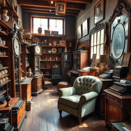 A charming antique shop filled with vintage treasures, showcasing objects like old wooden furniture, porcelain figurines, and classic typewriters