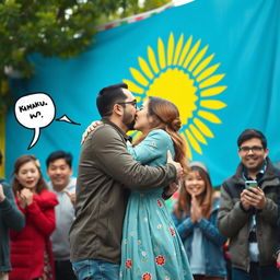 A romantic scene featuring a Kazakh man kissing a Kazakh girl, both immersed in a loving embrace