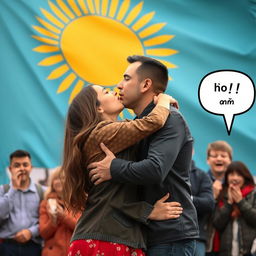 A romantic scene featuring a Kazakh man kissing a Kazakh girl, both immersed in a loving embrace