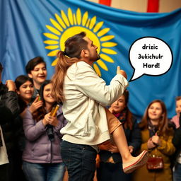 A romantic scene featuring a Kazakh man kissing a Kazakh girl, both immersed in a loving embrace