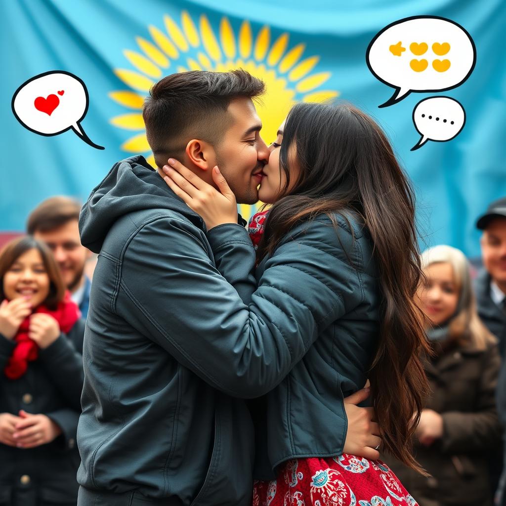 A romantic scene featuring a Kazakh man kissing a Kazakh girl, both immersed in a loving embrace