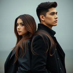 A vertical image depicting a realistic American girl and guy standing back to back, each gazing in different directions, occupying almost the entire space of the composition