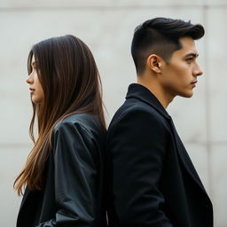 A vertical image depicting a realistic American girl and guy standing back to back, each gazing in different directions, occupying almost the entire space of the composition
